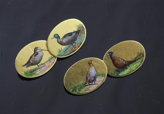 A pair of 1920s Cropp & Farr 18ct gold and polychrome enamel oval cufflinks, each link decorated with a different game bird,